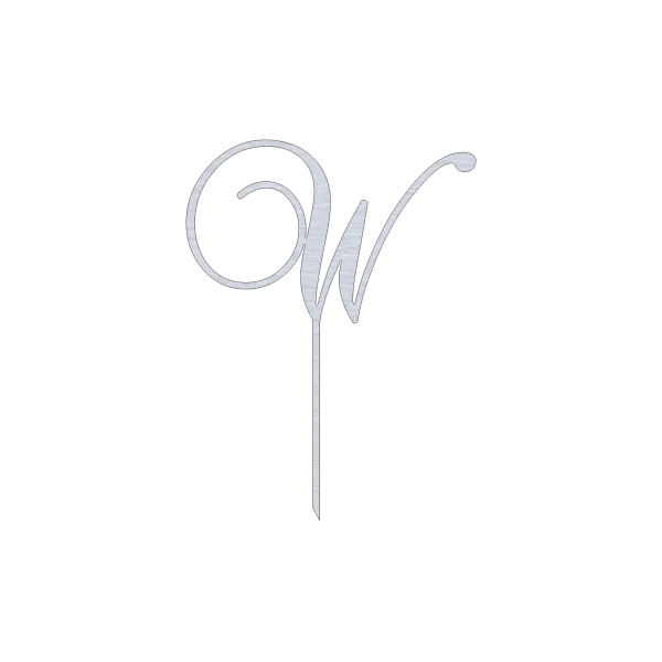 Elegant W monogram cake topper featuring a swirl script design. Crafted from high-quality aluminum with a natural finish, this topper is ideal for weddings, birthdays, and other celebrations. Its dimensions are 9.0 inches wide by 11.5 inches high, making it a striking centerpiece for any cake.